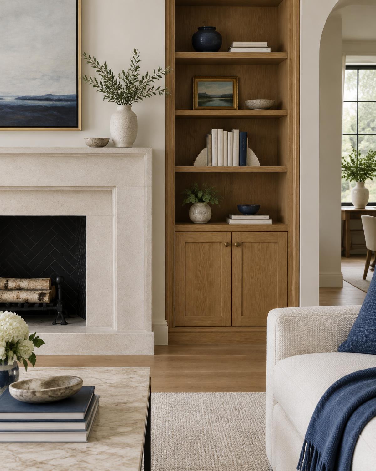 Refined interior remodeling with custom woodwork and natural stone