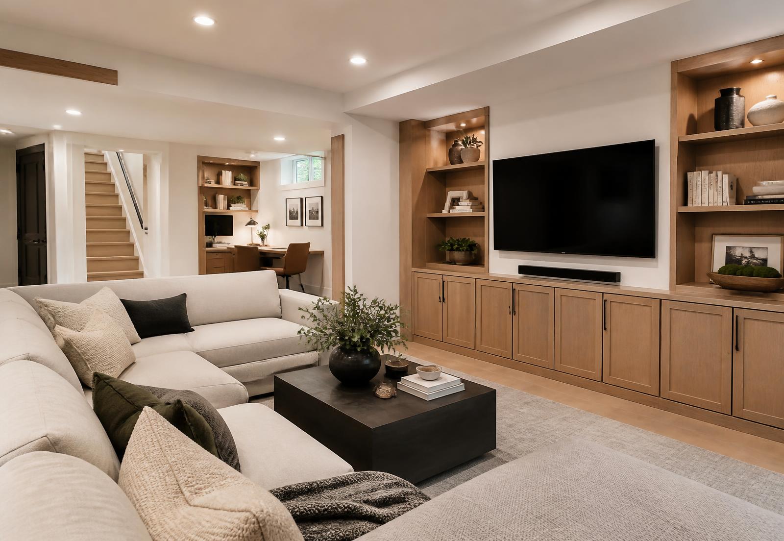 Finished basement living room with built-in cabinetry and a home office