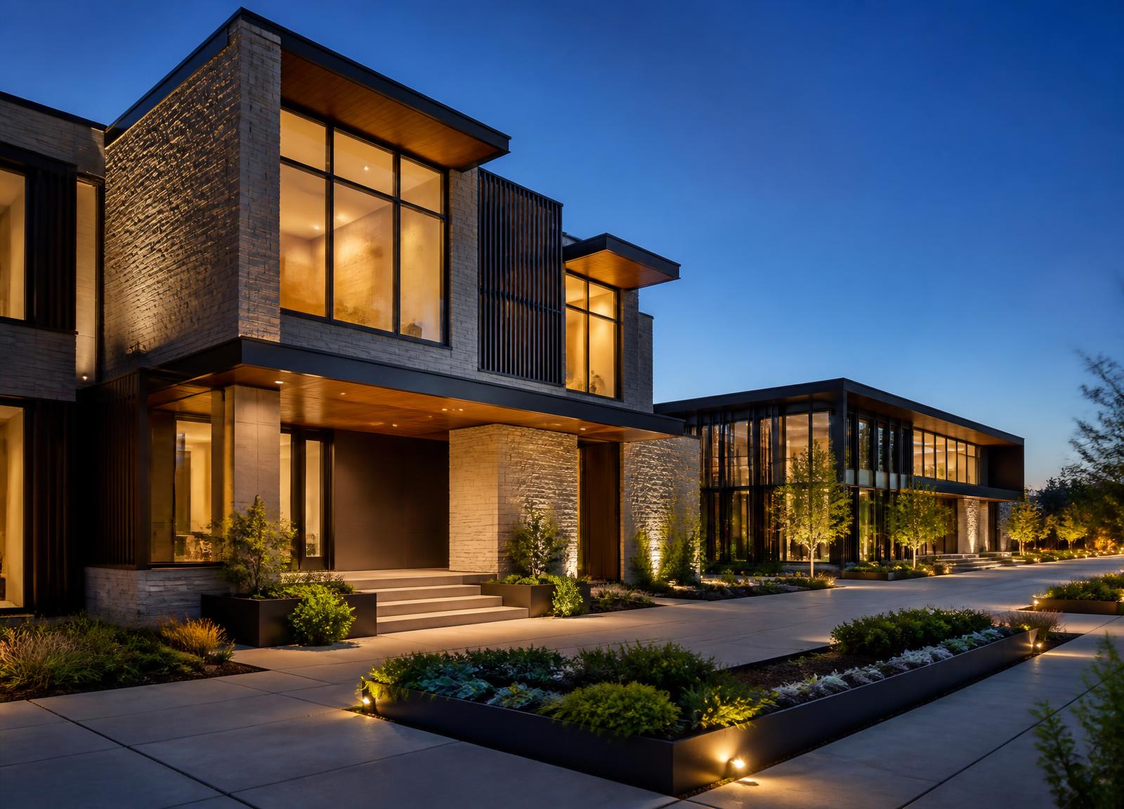 Contemporary residential and commercial architecture at dusk