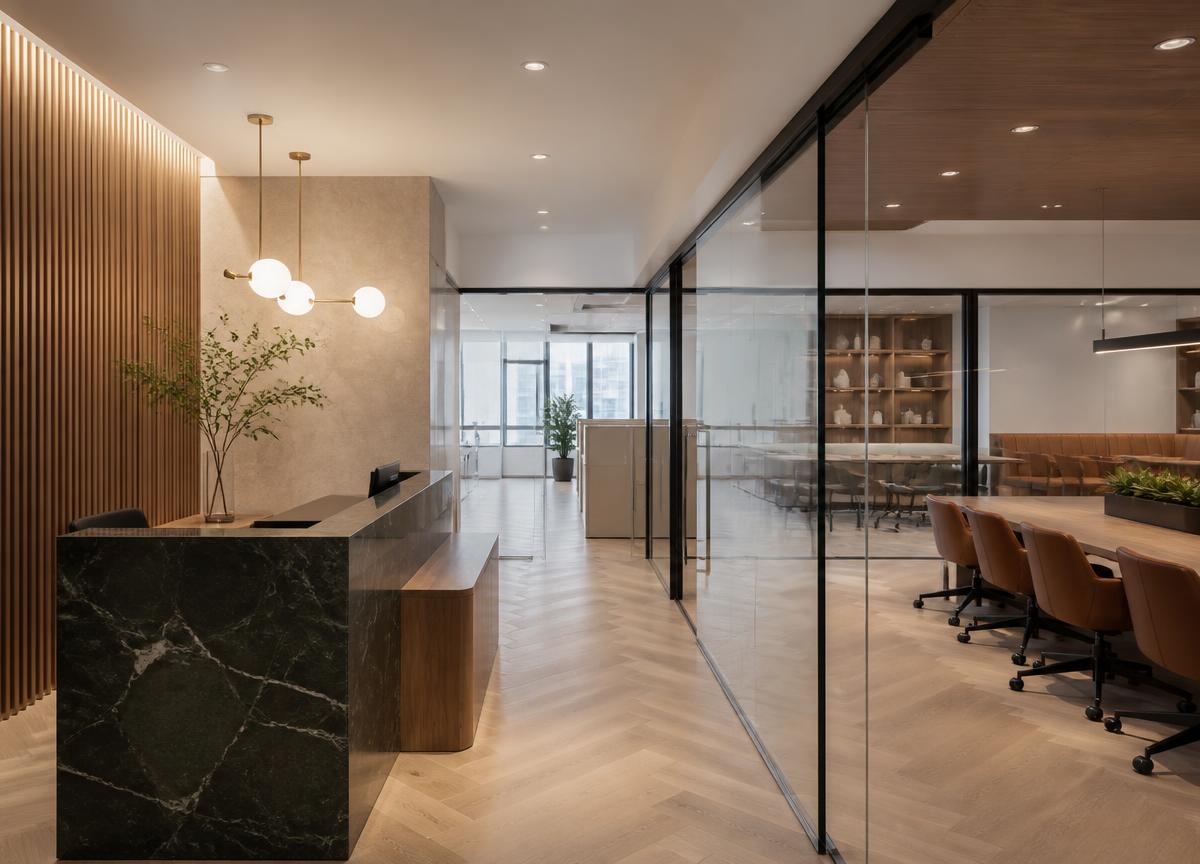 Refined commercial interior build-out with glass and custom millwork